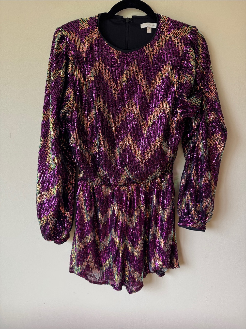 Flying Tomato Purple and Gold Sequin Zigzag Romper